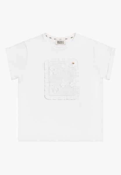 Kremowy T-shirt z haftowanymi kwiatami MIRADO