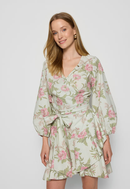 Kopertowa sukienka mini w autorski print AMBROSIA zielona