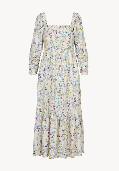 Kremowa sukienka midi w autorski print PATRYA