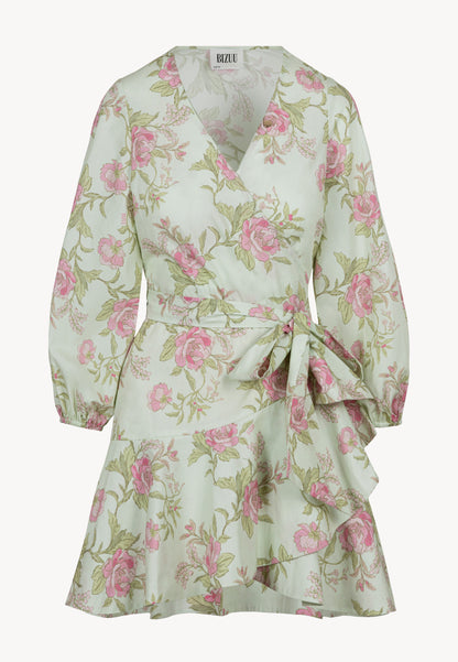 Kopertowa sukienka mini w autorski print AMBROSIA zielona