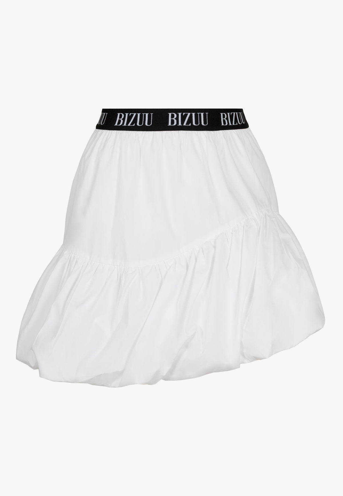 Przód białej mini spódniczki z logowaną gumą LILIBET.