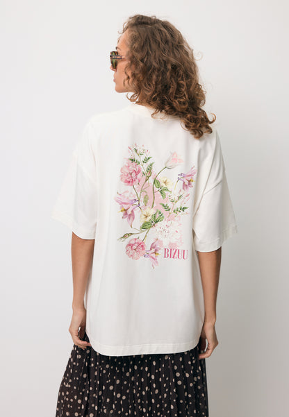 Kremowy T-shirt oversize z nadrukiem na plecach RIONA