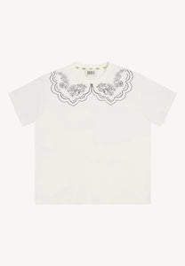 Kremowy t-shirt damski z nadrukowanym kołnierzem COLLARY